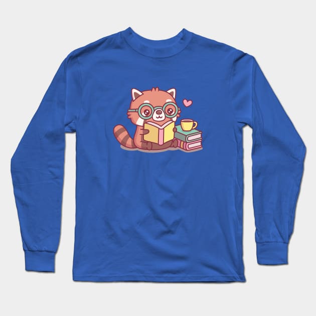 Cute Red Panda With Glasses Reading A Book Long Sleeve T-Shirt by rustydoodle